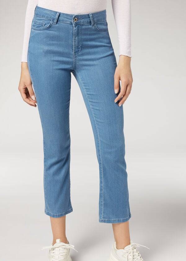 jeans da donna calzedonia eco light flared cropped denim blu