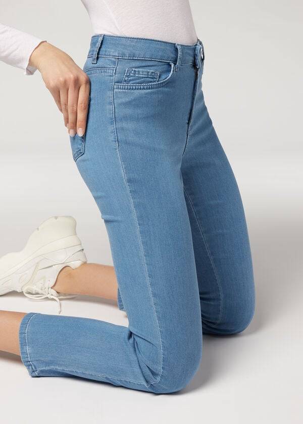 jeans da donna calzedonia eco light flared cropped denim blu