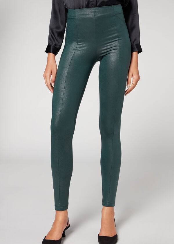 leggings da donna calzedonia coated total shaper biker green