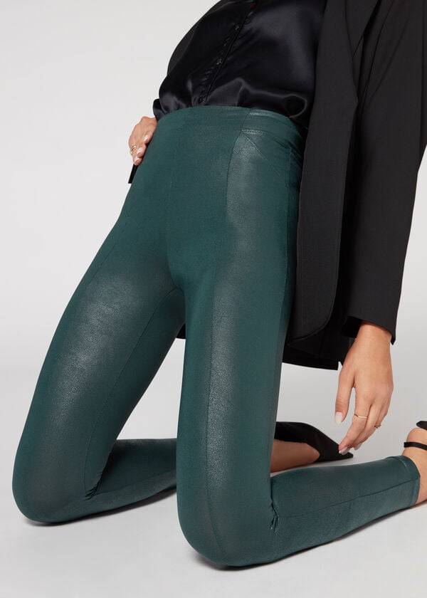 leggings da donna calzedonia coated total shaper biker green