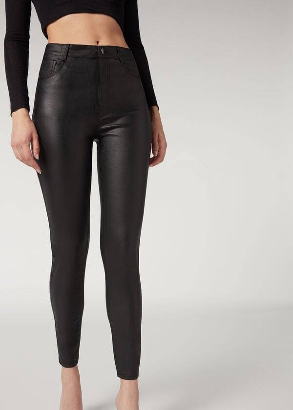 leggings aderenti in similpelle calzedonia neri da donna