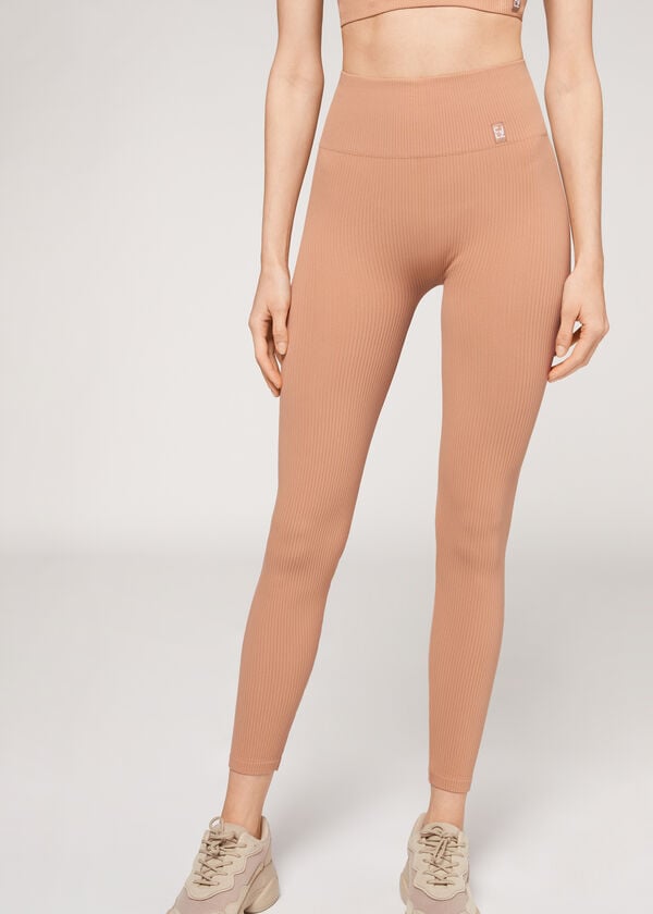 leggings sportivi senza cuciture a costine fini calzedonia da donna beige