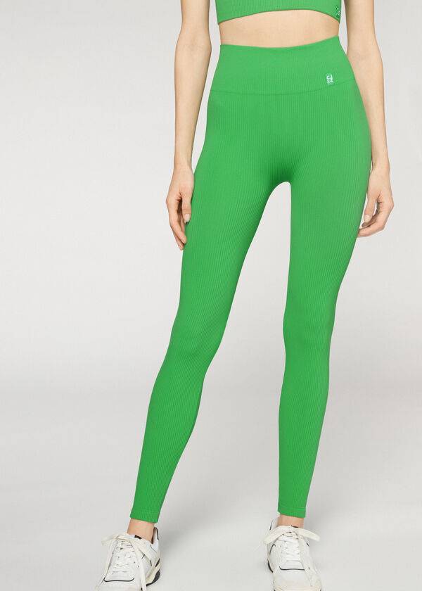 leggings sportivi senza cuciture a costine fini calzedonia verdi da donna
