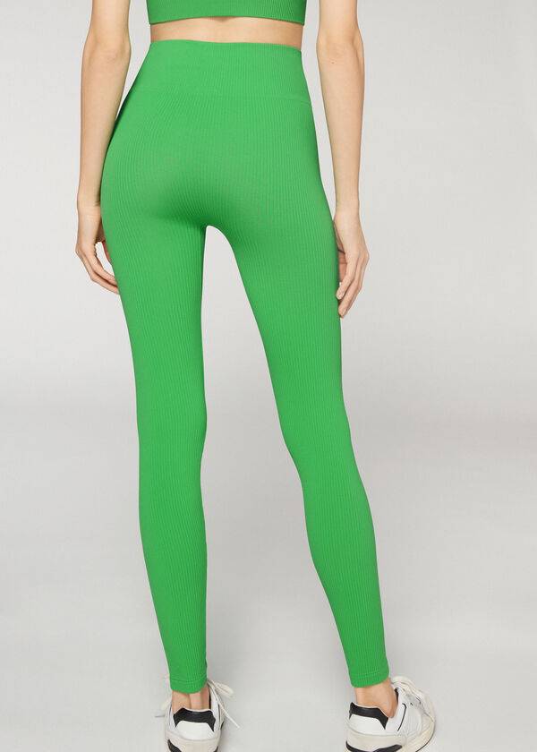 leggings sportivi senza cuciture a costine fini calzedonia verdi da donna