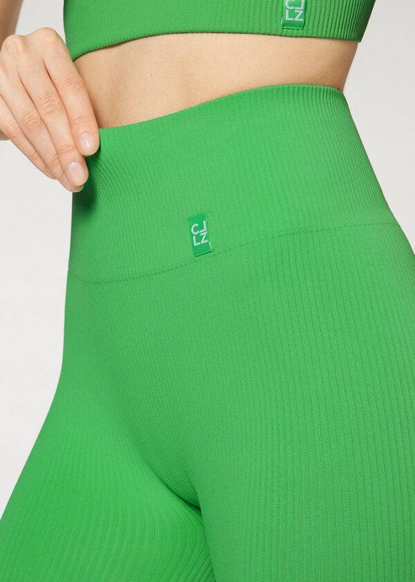 leggings sportivi senza cuciture a costine fini calzedonia verdi da donna