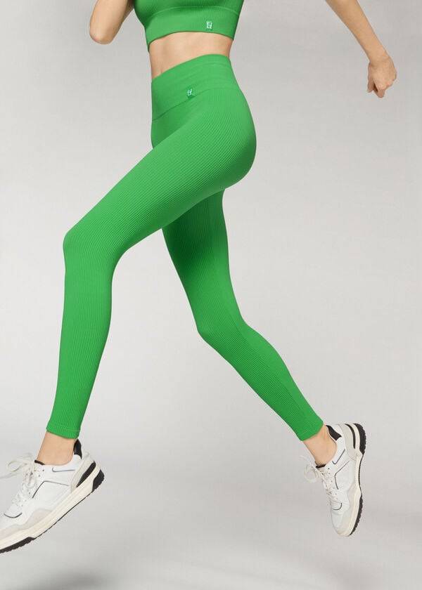 leggings sportivi senza cuciture a costine fini calzedonia verdi da donna