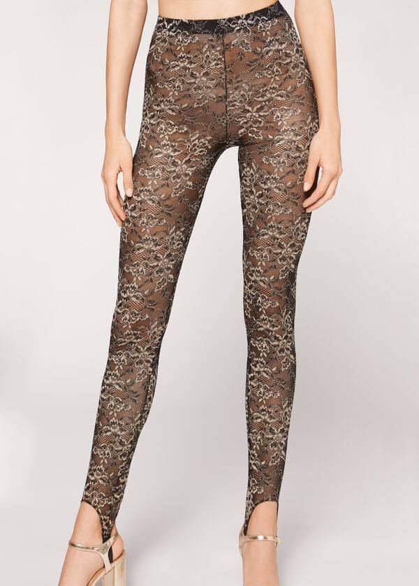 leggings da donna calzedonia con staffa in pizzo glitterato marronenero