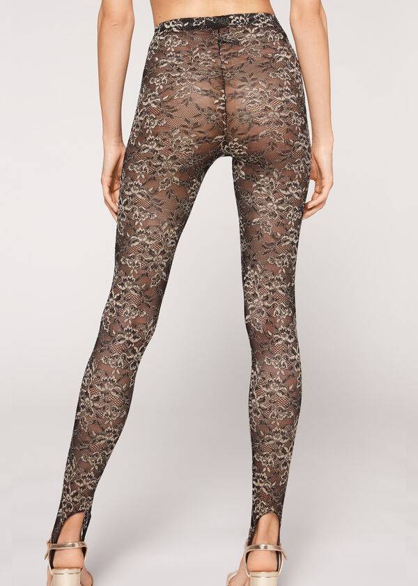 leggings da donna calzedonia con staffa in pizzo glitterato marronenero