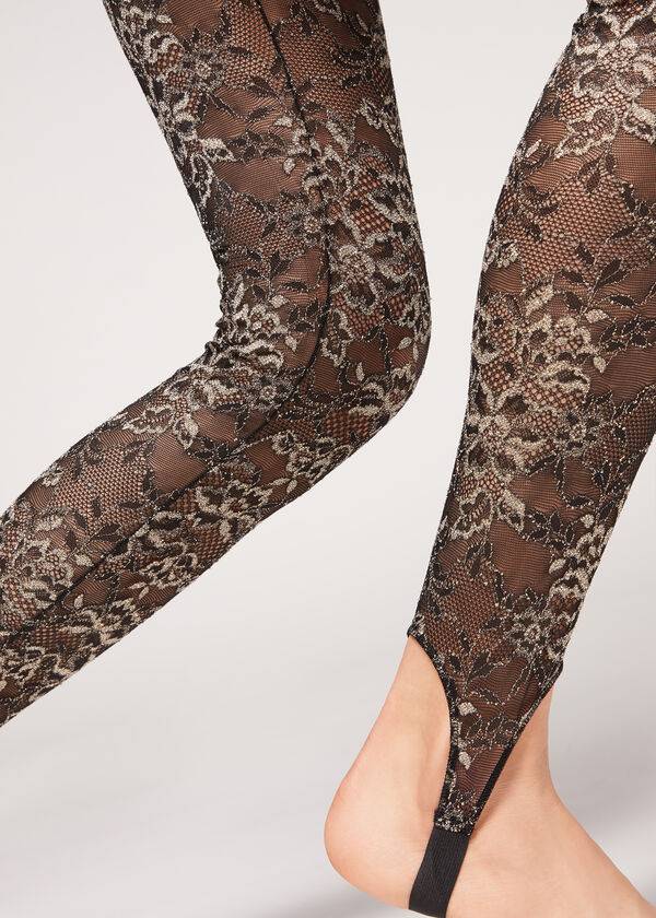 leggings da donna calzedonia con staffa in pizzo glitterato marronenero