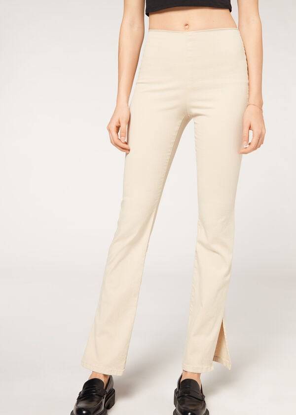pantaloni da donna calzedonia a vita alta svasati in denim con spacchi colore marronebeige