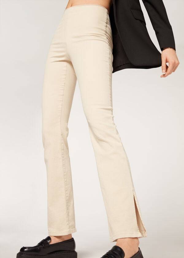 pantaloni da donna calzedonia a vita alta svasati in denim con spacchi colore marronebeige