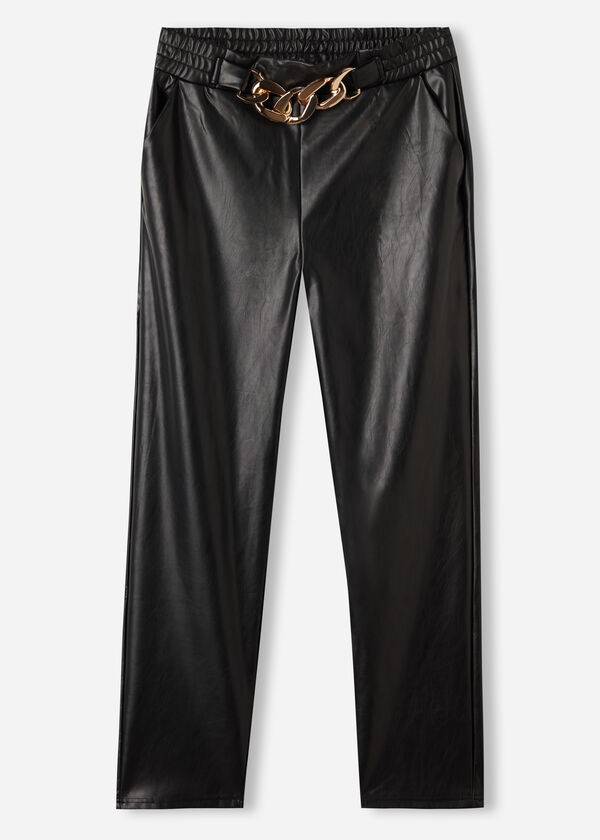 pantaloni neri da donna calzedonia effetto spalmato termico con finiture a catena