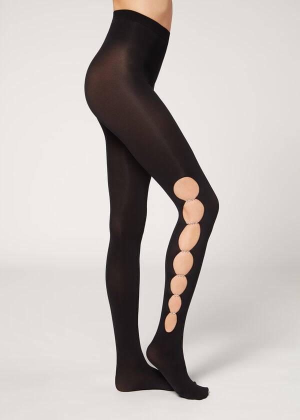 collant calzedonia da donna nero con strass ritagliati 100 denari coprenti ecologici fantasia