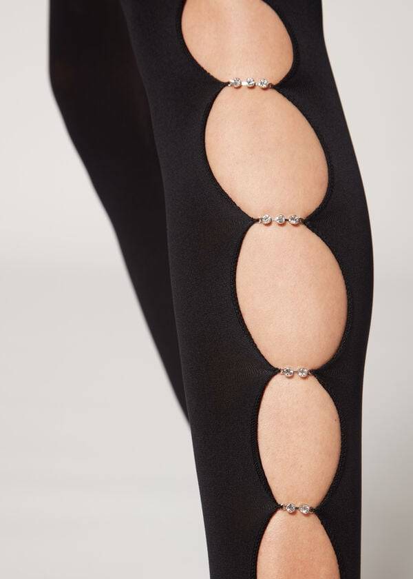 collant calzedonia da donna nero con strass ritagliati 100 denari coprenti ecologici fantasia