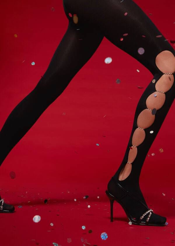 collant calzedonia da donna nero con strass ritagliati 100 denari coprenti ecologici fantasia