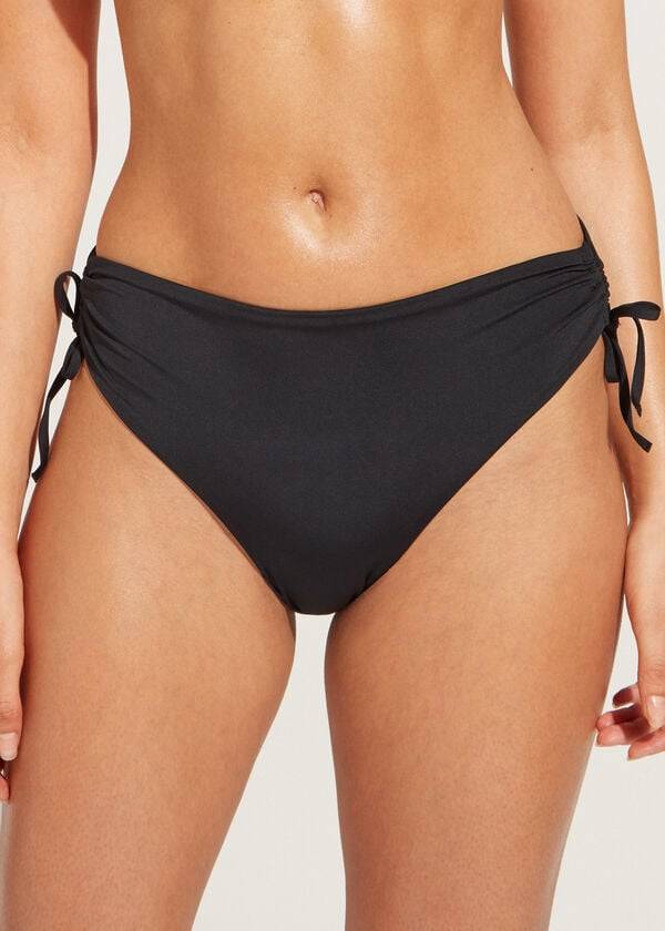 calzedonia - slip bikini da donna con coulisse a vita alta in indonesia nero