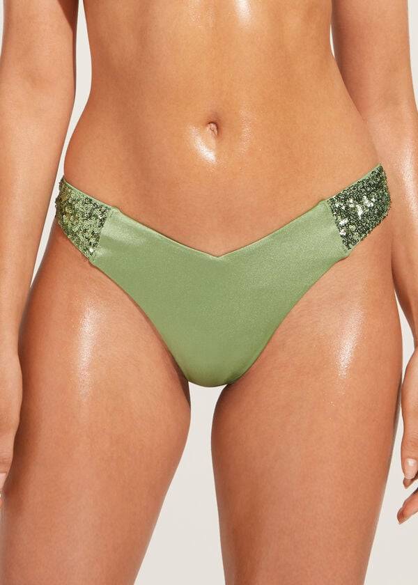 slip bikini brasiliano a vita alta con paillettes calzedonia da donna colore verde