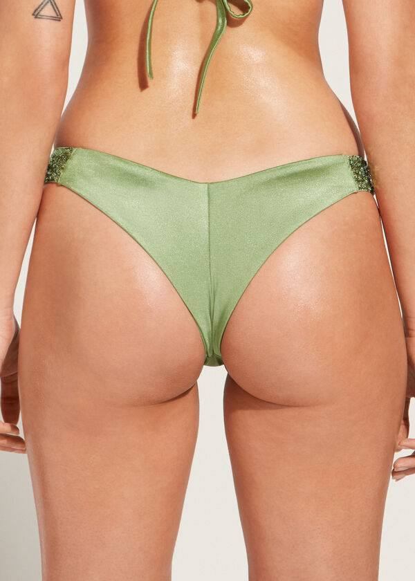 slip bikini brasiliano a vita alta con paillettes calzedonia da donna colore verde