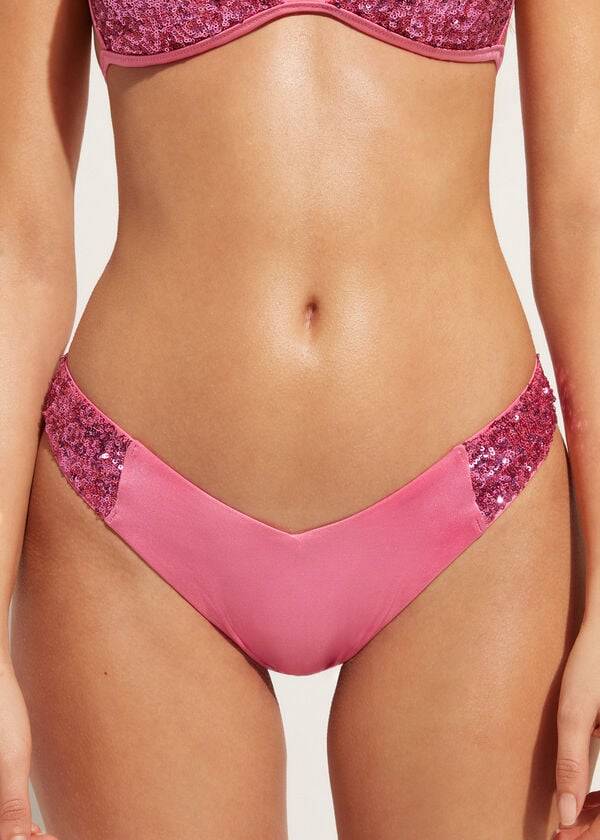 slip bikini brasiliano a vita alta con paillettes rosa calzedonia cannes cheeky da donna