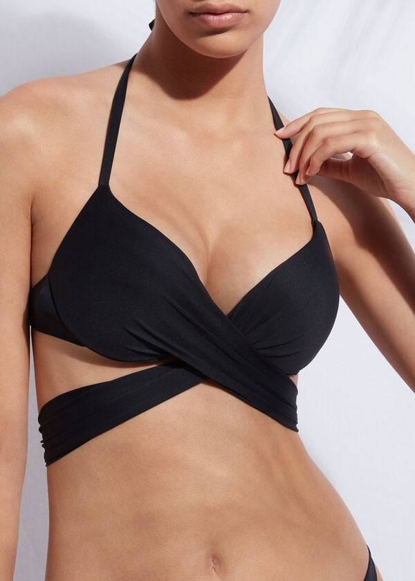 reggiseno bikini nero con spalline incrociate e push-up calzedonia indonesia da donna